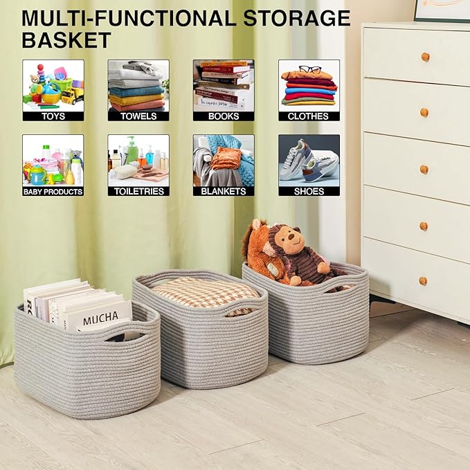 Storage Baskets for Organizing Shelves, Woven Cotton Rope Bins for Baby Nursery Organization, Book Toy Towel Organizer, 15"x11"x9.5", 3 Packs, Grey-Ruum Studio Home