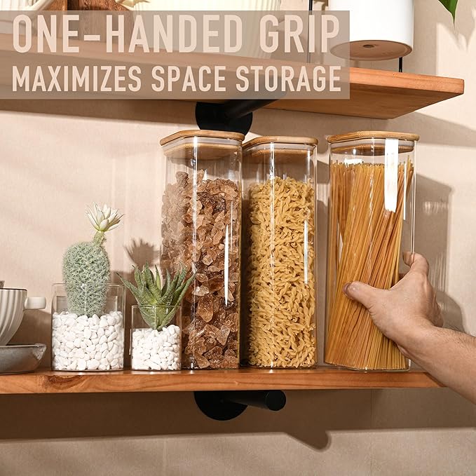 71oz Rectangle Airtight Glass Storage Containers with Bamboo Lids (Set of 4), Square Food Storage Jar, Pantry Organizers for Sugar, Flour, Spaghetti and Coffee beans (‎with Black Lable)-Ruum Studio Home