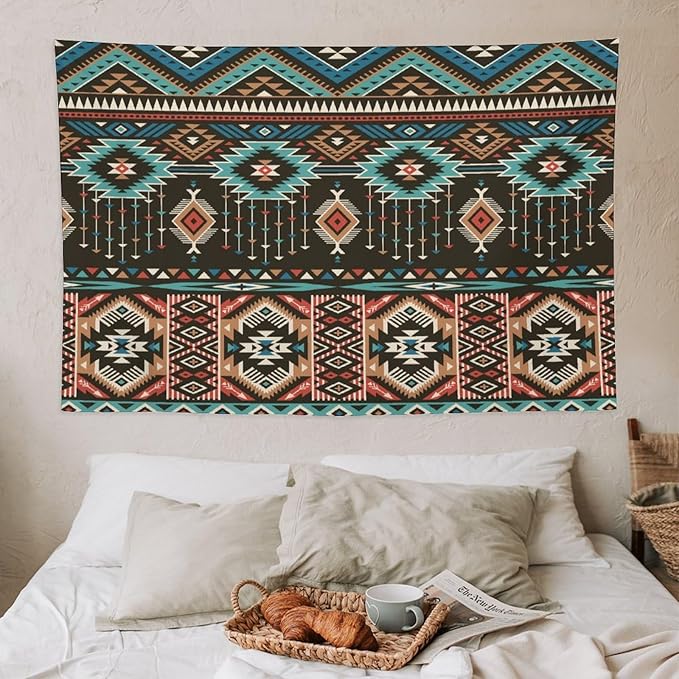 HZOHNAGO Aztec Tapestry Turquoise Blue and Brown and Native American Tribal Pattern Printed Wall Tapestry Wall Hanging for Bedroom Living Room Dorm 60" W x 40" H-Ruum Studio Home