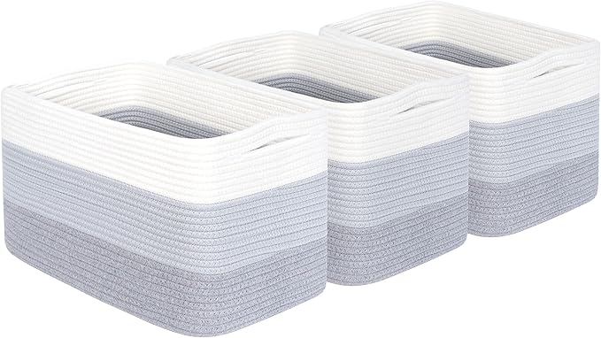 MINTWOOD Design 3-Pack Storage Baskets for Shelves, Playroom and Classroom, Book Basket, Decorative Storage Cube Bins, Woven Closet Organizers, Pantry and Shoe Organizer, 3-Tone Grey-Ruum Studio Home