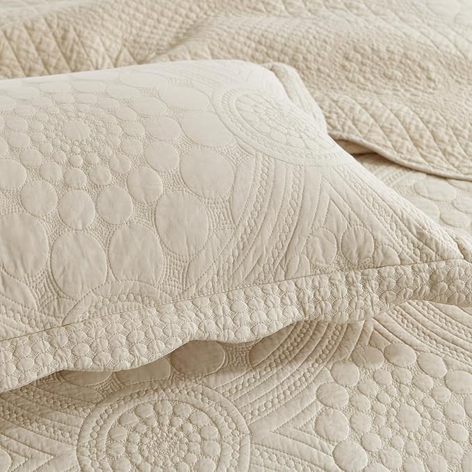MarCielo 3-Piece 100% Cotton Oversized Bedspread Lightweight Quilt Coverlet Embroidery Farmhouse Bedding (Tf Khaki Beige, Oversized Queen (100"x106"))-Ruum Studio Home