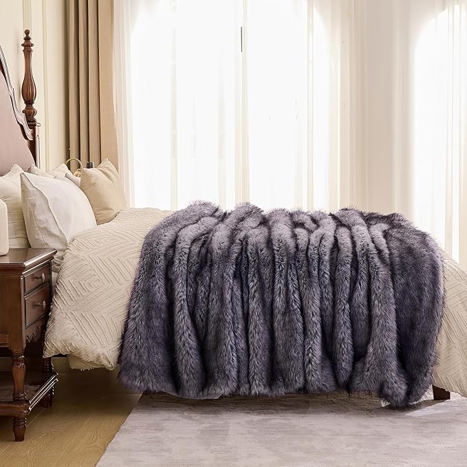 Fluffy Faux Fur Throw Blanket – Super Soft Warm Thick Plush Blanket for Bed, Couch & Office, Cozy Fuzzy Throw with Flannel Backing,60"x80", Grey-Ruum Studio Home