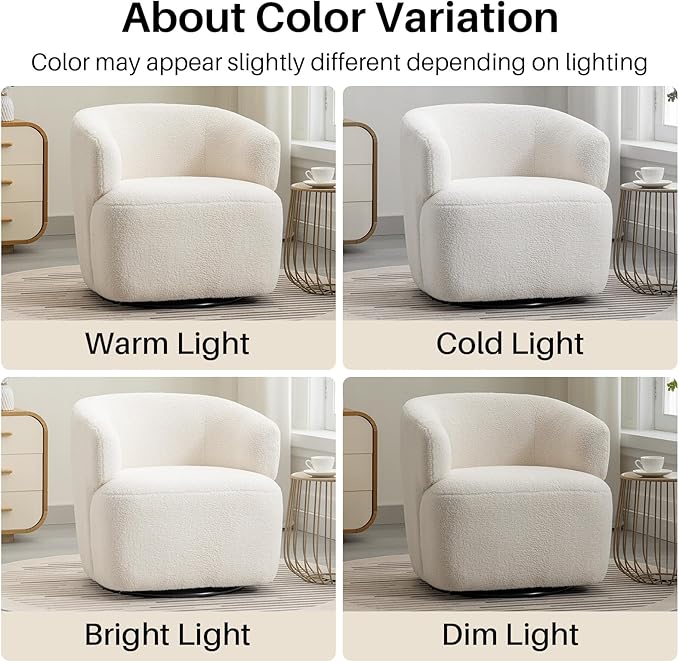 Swivel Accent Chair, Sherpa Teddy Barrel Chair for Living Room, Cozy Round Boucle Arm Chair, Metal Base for Club Nursery Bedroom, Beige Cream White-Ruum Studio Home