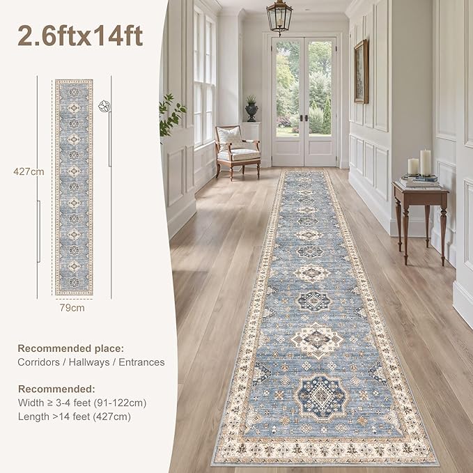 Washable 2.6x14 Runner Rug - Area Rugs Neutral Vintage Distressed Floral Farmhouse Boho Large Soft Floor Rug Indoor Carpet for Hallway Entryway Home - Blue-Ruum Studio Home