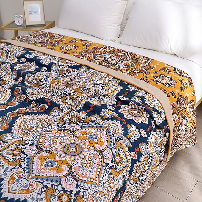 Boho Muslin Blanket for Adults 4-Layer Gauze 80 x 90 Inches Soft Cozy 100% Cotton Summer Cooling Blanket Floral Decor for Sofa Bed Coverlet Both Sides (A Boho Spiral Flower, 80 x 90 in)-Ruum Studio Home