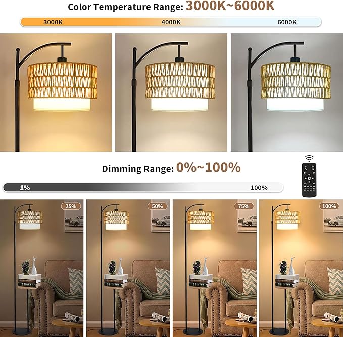 Arc Floor Lamp with Table and Shelves,Rattan Boho Floor Lamp with Remote Control,Rustic Floor Lamps for Bedroom Wicker Standing Lamp with 3 Color Temperature Tall Lamp for Living Room Corner-Ruum Studio Home