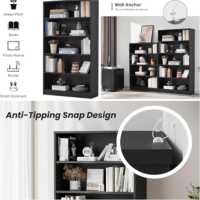 Bookshelf, Open Modern Bookshelf, 5 Shelf Bookcase with Freestanding Display Storage, Wooden Book Shelf for Bedroom, Living Room, Dinning Room, Office, 60 Inch, Black-Ruum Studio Home