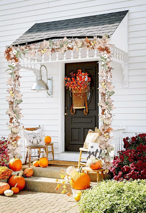 Lvydec Fall Maple Leaves Garland Decoration - 5.8ft Artificial Fall Foliage Garland with White Pumpkins Autumn Decor for Halloween Thanksgiving Home Table Decor (White)-Ruum Studio Home