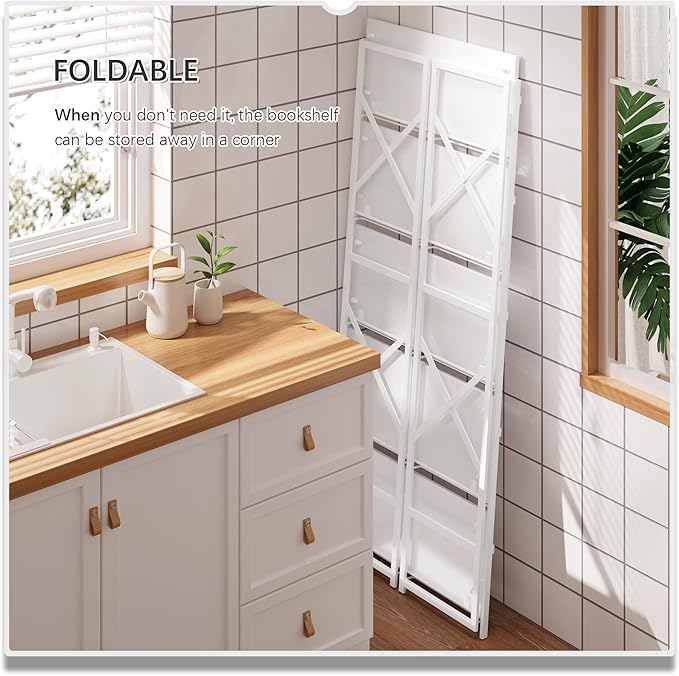 4NM 5 Tiers No Assembly Book Shelves, 51.2" H Folding Bookshelf Bookcase Open Industrial Foldable Shelves for Bedroom, Living Room, Home Office - All White-Ruum Studio Home