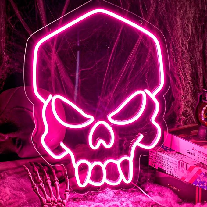 Skull Neon Sign Pink,Halloween Neon Light for Wall Decor, Skeleton LED Neon Sign for Beer Bar Bedroom Art,Skull Head Neon Lights Suitable for Computer Room,5V USB Power 15.75 * 11.8in(Non-Dimmable)-Ruum Studio Home
