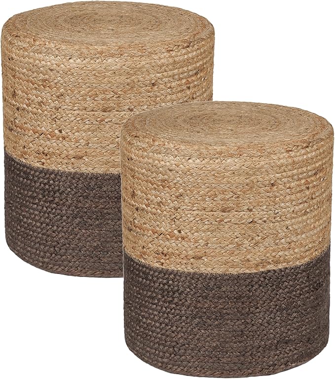 REDEARTH · Cylindrical Pouf Foot Stool Ottoman - Jute Braided Pouffe Poof Accent Sitting Footrest for The Living Room, Bedroom, Nursery, Patio, Lounge - Set of 2 (14.5”x14.5”x16”; Natural Acorn)-Ruum Studio Home