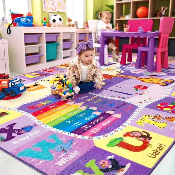 Kids Rugs for Playroom Bedroom Classroom Nursery, Non-Slip and Washable Rugs for Children Toddlers Girls, Educational and Fun Rug Carpets with ABC Alphabet Animals Shapes, 7x10, Purple-Ruum Studio Home