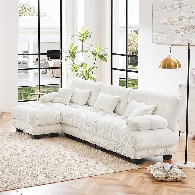 Modern L-Shaped Couch, 3-Seater Cloud Couch with Round Bolster Armrests, Oversized Loveseat Sectional Sofa, Chenille Fabric, White-Ruum Studio Home