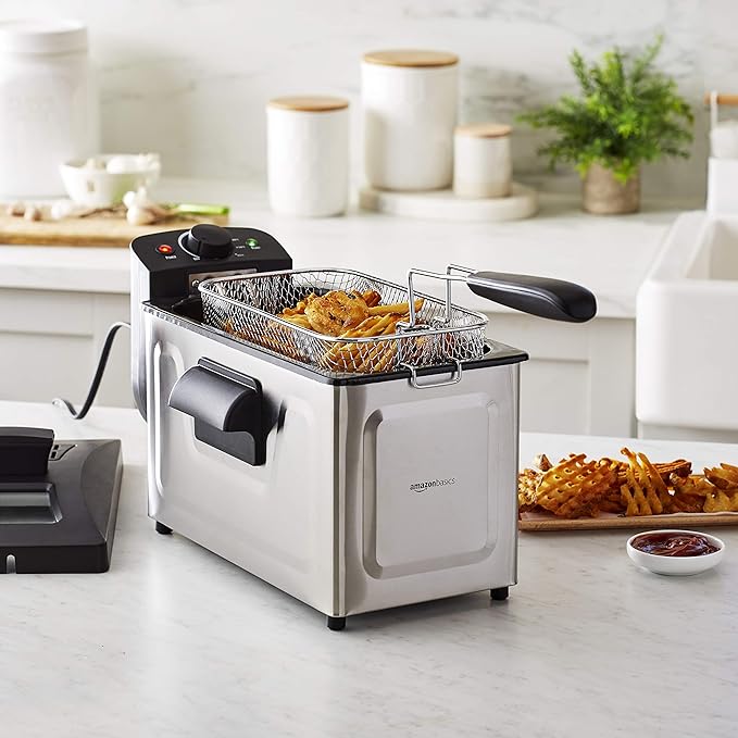 Amazon Basics 3.2-Qt (3.0L) Deep Fryer with 12-Cup Oil Capacity, Adjustable Temperature, Easy Draining Basket, Stainless Steel Exterior, Viewing Window, 1500W, Black & Silver-Ruum Studio Home