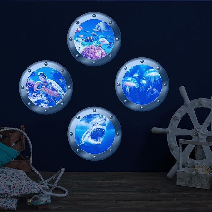 3D Ocean Animals World Wall Stickers Glow in The Dark, 4 Pcs Sharks Turtles Jellyfishs Removable Decals for Kids, Vinyl Stickers for Ceiling (Blue)-Ruum Studio Home