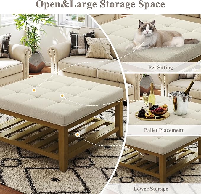 Large Square Ottoman Coffee Table, Linen Solid Upholstered Footrest Ottoman with Solid Wood Shelf Storage Tufted Coffee Table for Bedroom Living Room, Ivory-Ruum Studio Home