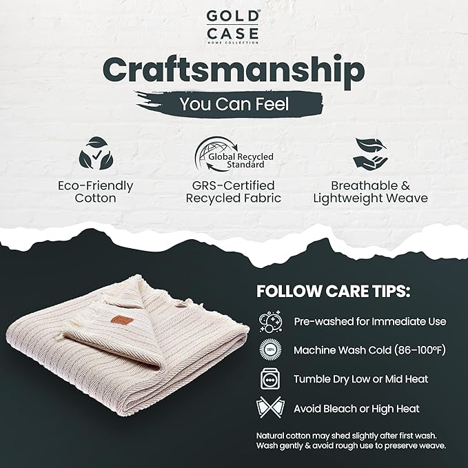 Gold Case Throw Blanket for Couch – 100% Recycled Turkish Cotton Blankets & Throws – Elegant Decorative Throw Blankets for Living Room Sofa – Woven Throws for Couch – Vintage Beige – 60x80-Ruum Studio Home