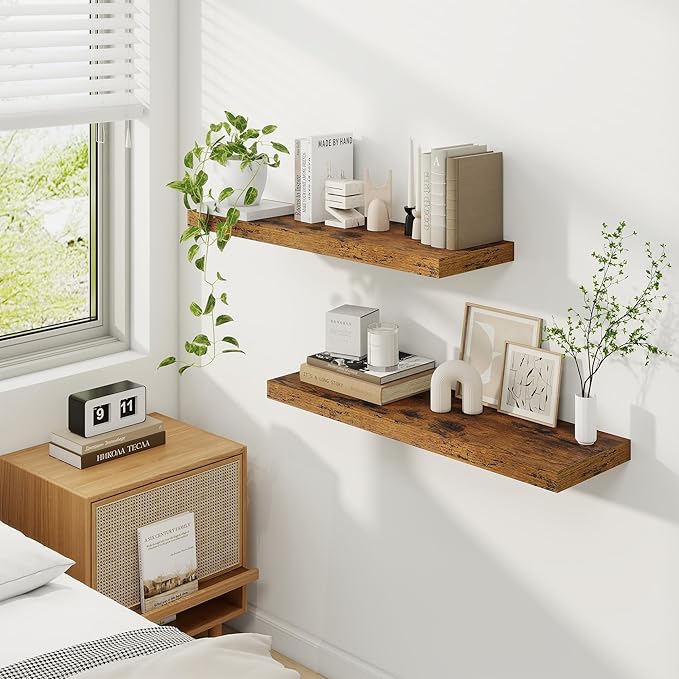 Fun Memories Floating Shelves for Wall, 32 Inch Rustic Wood Wall Mounted Shelves for Bathroom, Bedroom, Kitchen, Living Room, Deep Floating Shelves for Storage & Home Decor (Brown,Set of 2)-Ruum Studio Home