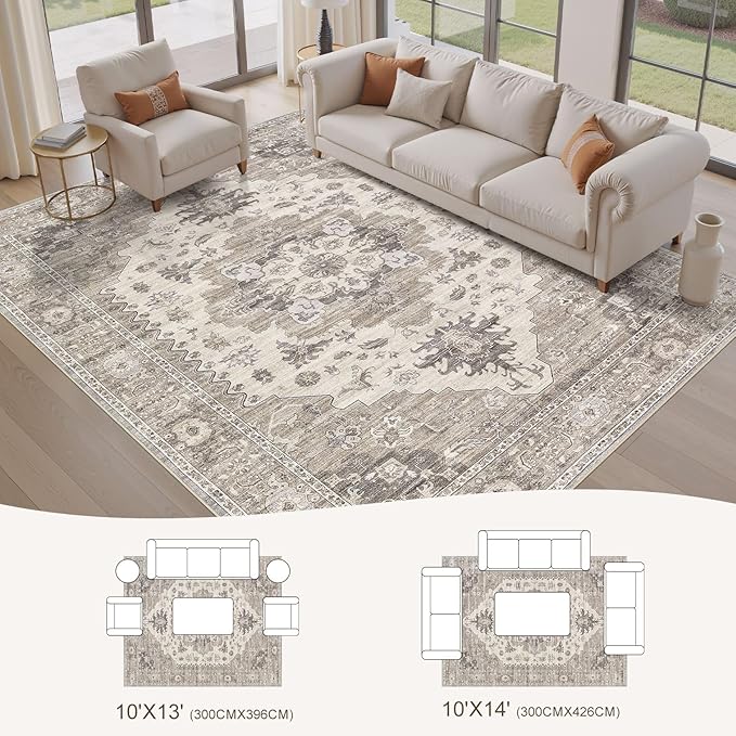 Washable Area Rugs for Living Room - 10x14 Neutral Vintage Distressed Floral Farmhouse Boho Large Soft Floor Rug Indoor Non Slip Carpet for Living Room Bedroom Dining Room Office-Brown/Beige-Ruum Studio Home