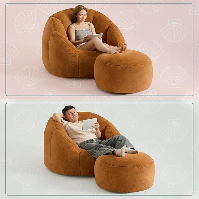 Giant Bean Bag Chaise Lounge Indoor Chair for Adults - Comfy Plush Round Shell Soft Accent Chair, Oversized Cozy Floor Sofa for Living Room, Bedroom & Game Rooms, Orange-Ruum Studio Home