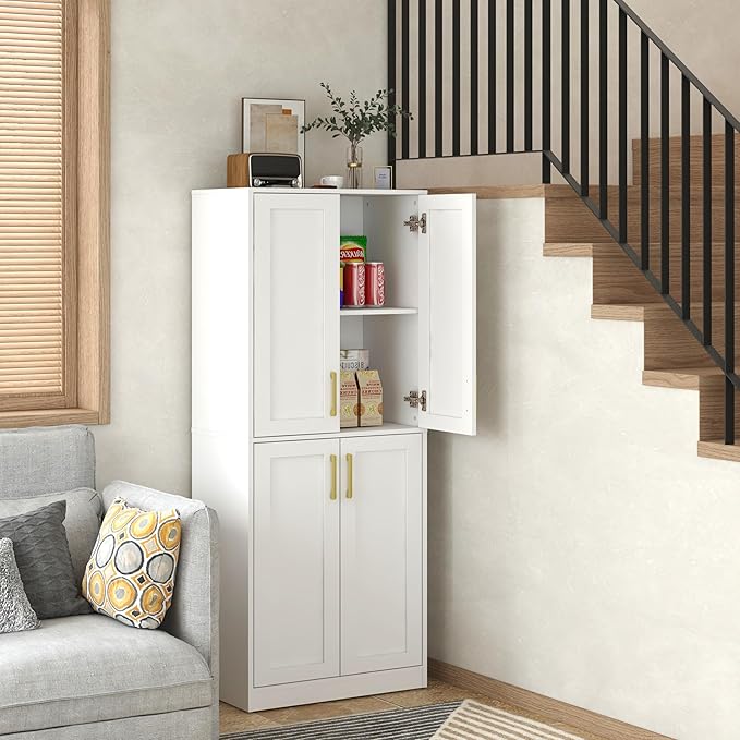 Storage Cabinet, Kitchen Pantry with Doors & Shelf, Tall Storage Cabinet for Bathroom, Living Room, Entryway,White-Ruum Studio Home