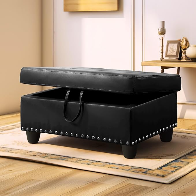 Ottoman Rectangular Storage Ottoman Bench, Faux Leather Footrest, Coffee Table, Stool Footstool with Hinged Lid for Living Room, Bedroom, Entryway, Black, 28.5"x19"x17.5"-Ruum Studio Home