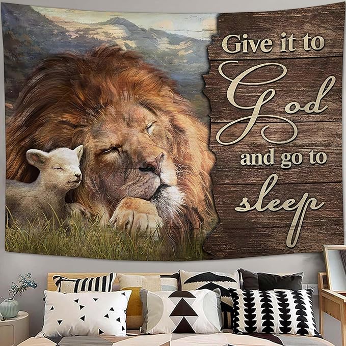 yowecso Lion and Lamb Tapestry Give It To God And Go To Sleep Tapestry Wall Hanging for Bedroom Christian Religious Tapestries Aesthetic Wall Decor for Home Dorm Living Room 50"x60"-Ruum Studio Home