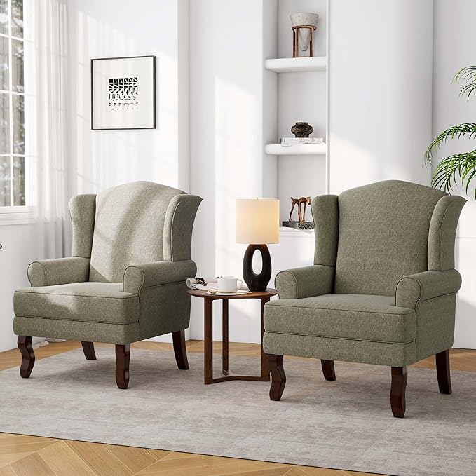 Accent Chair, High Back Upholstered Armchair with High Resilience Sponge & Wood Legs, Mid-Century Modern Comfy Single Sofa Reading Chairs for Living Room, Bedroom (Light Camel, Set of 2)-Ruum Studio Home
