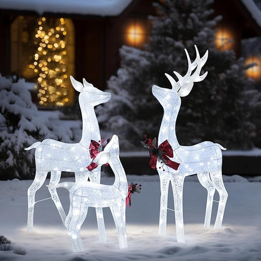 4.5FT Lighted Reindeer Family Set for Christmas Decoration, 3 Pieces Pre-Lit Iridescent Deer Xmas Decor with 200 LED Lights, 3D Glittered Standing Holiday Display for Outdoor, Indoor, White-Ruum Studio Home