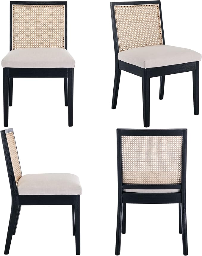 VESCASA Upholstered Dining Chairs with Square Wooden Rattan Back, Armless Padded Linen Cushion Dining Chairs with Wood Legs for Dining Room, Kitchen, Set of 4, Black Frame-Ruum Studio Home