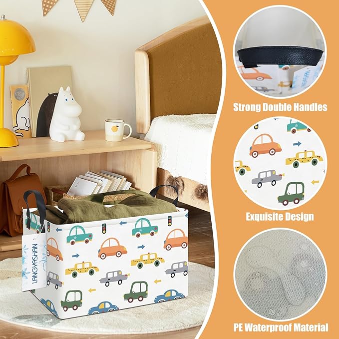 LANGYASHAN Rectangular Storage Bin Collapse Canvas Fabric Cartoon Storage Basket with Handles for Organizing Home Kitchen Boys and Girls Toys Office Closet Shelf Baskets(Rec Color Cars)-Ruum Studio Home