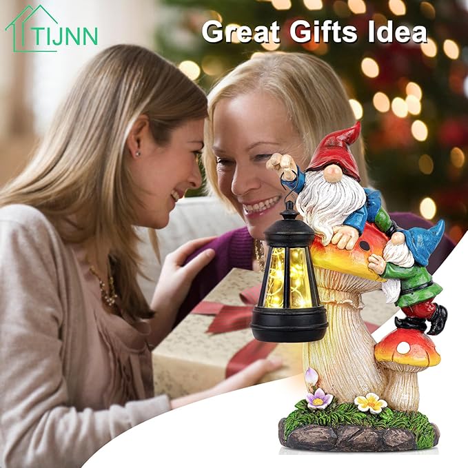 TIJNN Solar Garden Statue Gnomes Figurine Lights,Funny Gnomes Standing on Mushrooms with Lanterns, with Lanterns Outdoor Yard Decorations for Patio Porch Home, Garden Gifts for Women Mom-Ruum Studio Home