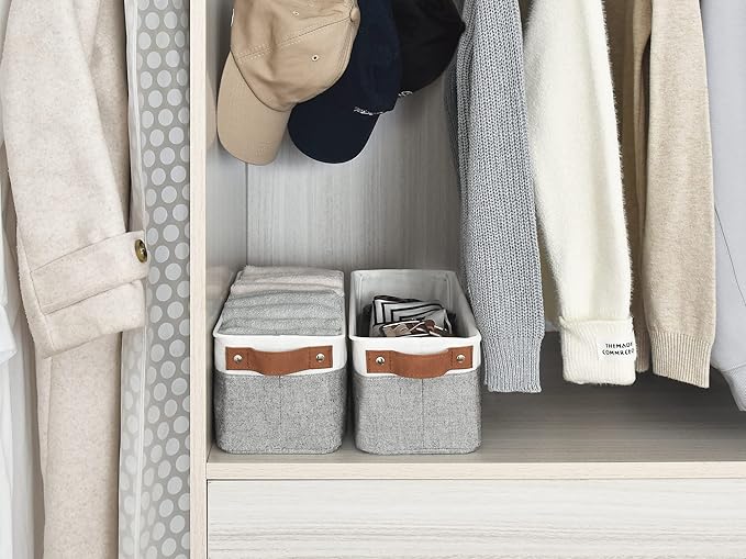 StorageWorks Narrow Storage Bins, Small Basket for Closet and Shelves, Fabric Organizer with Handles, Toilet Paper Storage, Grey and White, 2-Pack-Ruum Studio Home