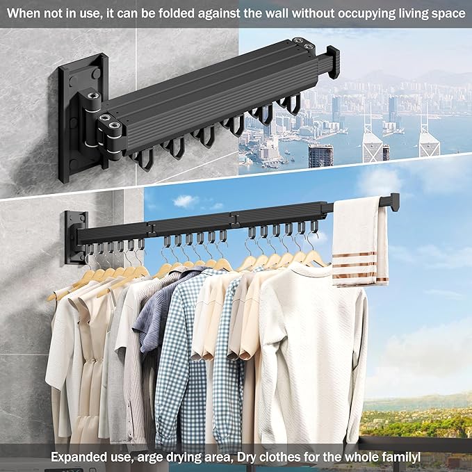 Wall Mounted Clothes Drying Rack, Retractable & Collapsible, Foldable Black-Ring Laundry Hanger-Ruum Studio Home