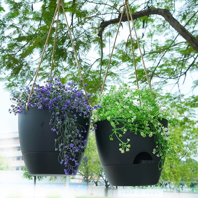 8 inch Hanging Planters, 2 Pack Self Watering Hanging Pots with 20oZ Deep Reservoir for Indoor Outdoor Plants Flowers, Black-Ruum Studio Home