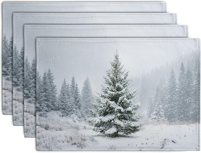 Winter Placemats Set of 4, 12x18 Inch Christmas Pine Tree Snowflake Linen Table Mats Seasonal Washable Farmhouse Place Mats for Kitchen Dining Xmas Holiday Party Decor-Ruum Studio Home