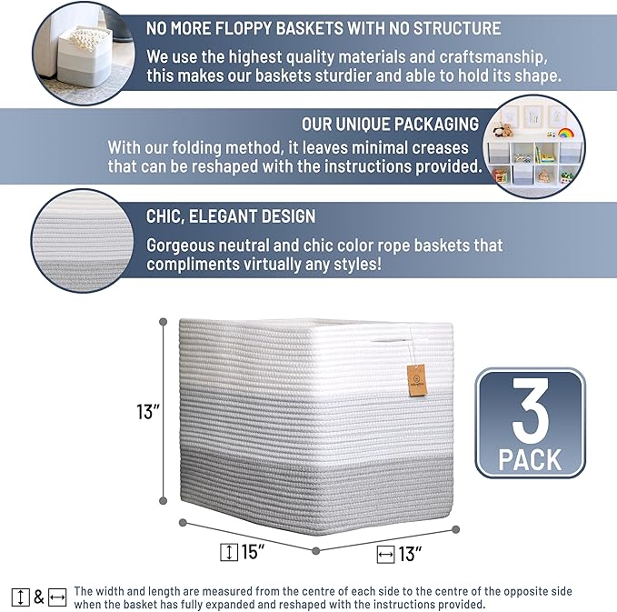NaturalCozy 13x15x13 Kallax Storage Cubes Bins, 3 Pack | Cotton Rope Cube Storage Bin Woven Baskets for Organizing | Kallax Insert Storage Baskets for Shelves Organizer, Kids Toy, Closet Baby Nursery-Ruum Studio Home