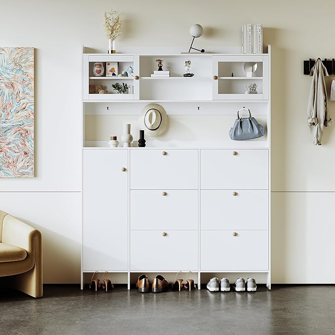Ball & Cast Tipping Bucket 3-Tier Shoe Cabinet with 6 Flip Drawers and Storage Shelf,Entryway Hall Tree with Tempered Glass Doors and 4 Hooks,for Hallway,Mudroom,Living Room,White-Ruum Studio Home