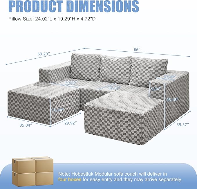 Hobestluk Modular Sectional Sofa Memory Foam Couch Oversized Sectional Sofa 3-Seater with Chaises Cloud Couch with Removable Cover U Shaped Sofa for Living Room (Plush Grey, U Shape)-Ruum Studio Home