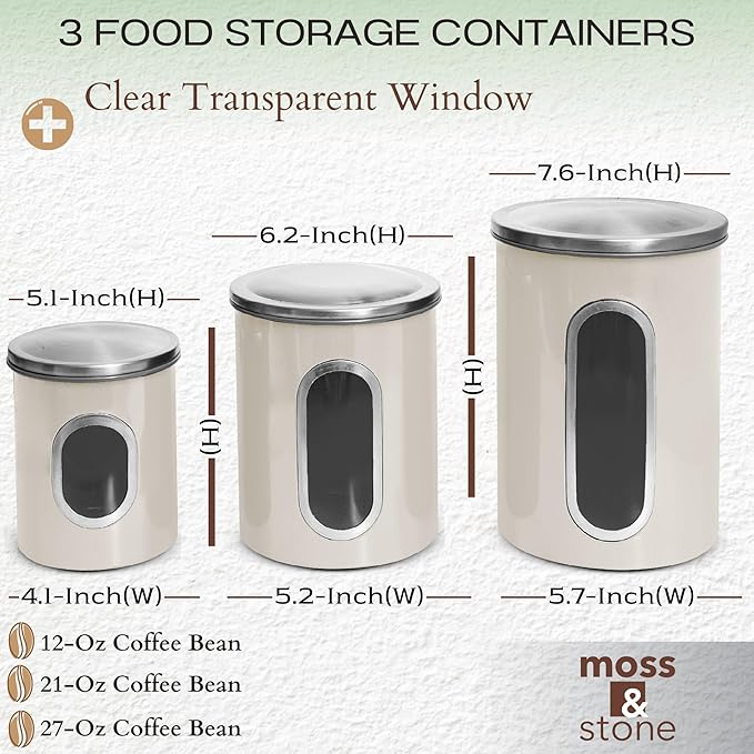 Moss & Stone 3-Piece Beige Canisters Sets For The Kitchen, Airtight Canister Set With See Through Window, Storage Jars for Coffee Container, Tea Organizer & Sugar Canister, Beige Kitchen Canisters-Ruum Studio Home