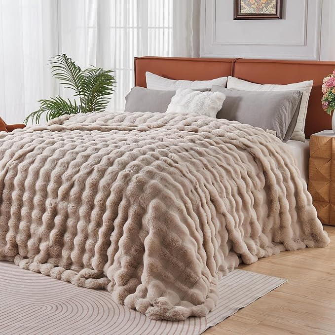 Lotus Karen Faux Fur Throw Blanket Linen - 800 GSM Bubble Rabbit Fluff Blanket for Couch Bed Sofa,Softest Fluffy Fuzzy Cozy Blanket,Thick Furry Plush Shaggy Warm Blankets for Women,90x90 Inches-Ruum Studio Home