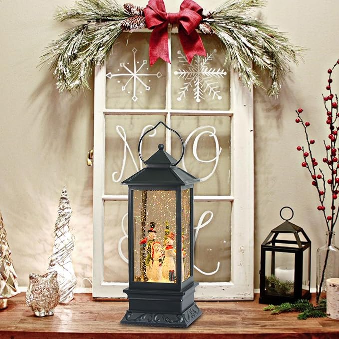 Eldnacele Singing Battery Operated Musical Lighted Christmas Snowman Water Glittering Swirling Snow Globe Lantern with Music Christmas Home Decoration and Gift, Snowman Family-Ruum Studio Home