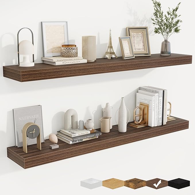 fuqing Floating Shelves for Wall, Bathroom Shelf Wall Mounted for Storage, Shelves with Invisible Bracket for Bedroom, Kitchen, Living Room, Farmhouse Small Book Shelf, 48 Inch Set of 2, Walnut-Ruum Studio Home