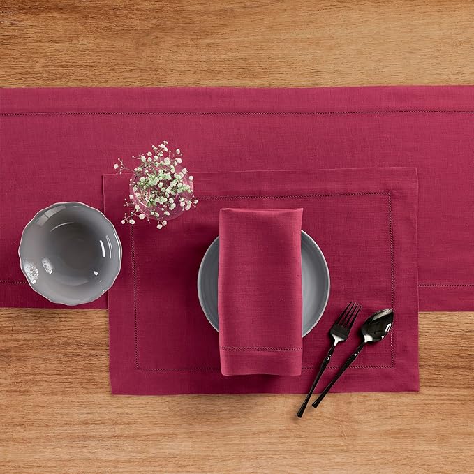 Solino Home Linen Table Runner 60 Inches - 100% Pure Linen Beet Hemstitch Table Runner 14 x 60 Inch Ideal for Dresser and Coffee Tables - Fall, Autumn, Thanksgiving - Classic Hemstitch-Ruum Studio Home