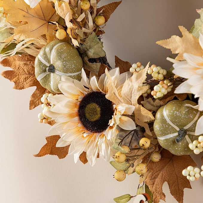 Glitzhome 24''D Artificial Fall Wreath for Front Door, Autumn Wreath with Sunflower, Pumpkin and Leaf, Metal Hanger for Farmhouse Indoor Outdoor Window Wall Door Decor-Ruum Studio Home