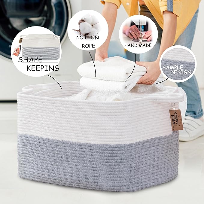 COMFY-HOMI Large Rectangle Laundry Storage Basket | Cotton Rope Woven, Organizing with Handle | Dirty Cloth & Baby Shower Basket | 22x15x12' - White/Grey-Ruum Studio Home