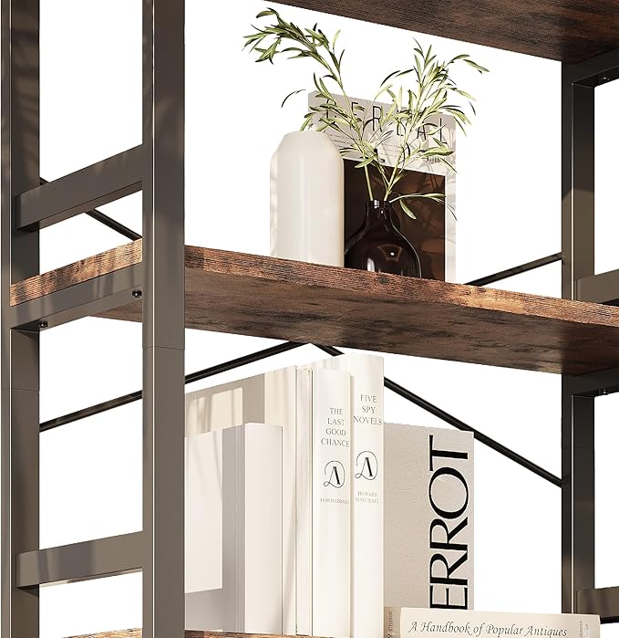 IRONCK Bookshelves and Bookcases, 31.5in Wide Shelf 5-Tier Ladder Shelf 110lbs/shelf Vintage Industrial Style Bookcase for Bedroom Living Room Home, Vintage Brown-Ruum Studio Home