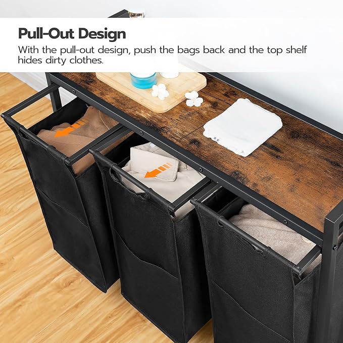 HOOBRO Laundry Sorter 3 Section, Laundry Hamper with Wheels, 3 × 11.5 Gal (43.5 L), Rolling Laundry Basket, Pull-Out and Removable Oxford Fabric Laundry Bags, Rustic Brown and Black BF76XY01-Ruum Studio Home