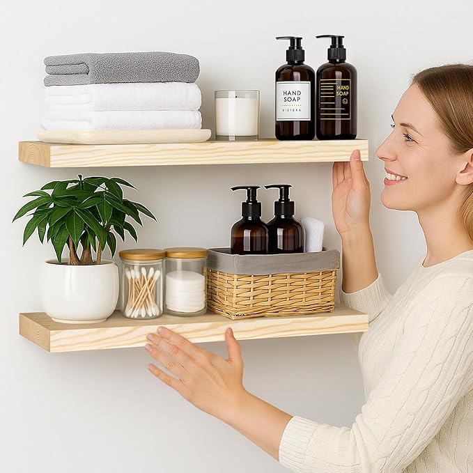 BGMG Wood Floating Shelves 24 inch, Wide Rustic Wooden Wall Shelves for Bathroom Living Room Bedroom Kitchen Farmhouse Set of 2-24x 6.7 x1.25 inch- DIY-Unfinished-Ruum Studio Home