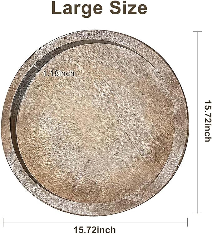 Round Wood Decorative Tray - Brown Washed Bead Tray for Coffee Table Wood Serving Tray Wooden Trays Decor Kitchen Counter Circle Tray Vintage Centerpiece for Living Room Candle Holder (15.75 inch)-Ruum Studio Home